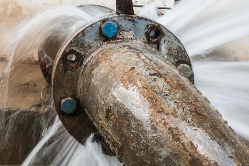 Close-up of old, rusted water pipe leaking at joint.